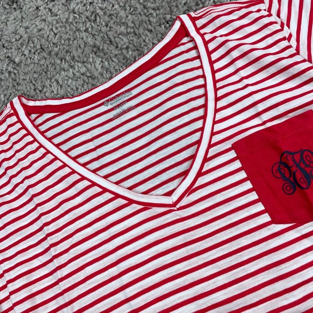 Columbia PFG Monogram T-Shirt Womens Size 2X Red Striped V-Neck Short Sleeve $35